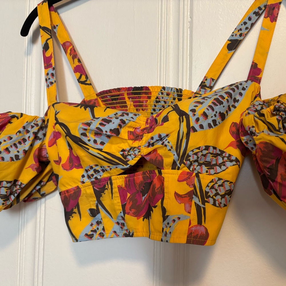 NWT A.L.C. Melody Floral Crop Cold Shoulder Puff Sleeve Smocked Back Yellow